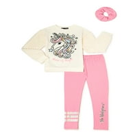 Розови кадифени девојки пријатна ракав моден џемпер и печатени вкусни хеланки поставени со соодветни скринги, 2 парчиња, големини 4-12
