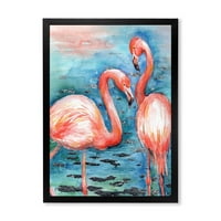 DesignArt 'Пинк фламинго ги сака птиците во сина вода i' фарма куќа врамена уметност печатење