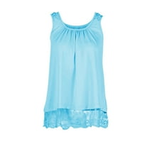 Женска Блуза Жени Лето Без Ракави Обична Еднобојна О-Вратот Чипка Полите Маица Блуза Сина XL