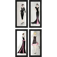 Дама во црна и розова фигуративна wallидна уметност, сет од 4