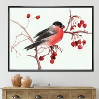 DesignArt 'Bullfinch Bird што седи на гранка' Традиционална врамена платно wallидна уметност печатење