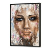 DesignArt 'Апстракт портрет на млада жена со сини очи I' модерно врамен платно wallидно печатење