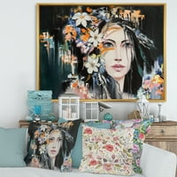 DesignArt „Портрет на млада жена со цвеќиња I“ модерна врамена платно wallидна уметност печатење