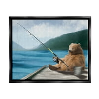 Стапче мечка риболов пол -езерски пристаниште животни и инсекти сликање црна пловила врамена уметничка печатена wallидна уметност