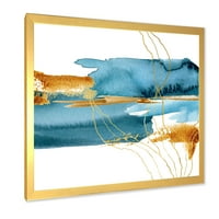 DesignArt 'Златна ламинарија гранка со сина подводна фабрика' модерен врамен уметнички принт