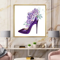 DesignArt 'Пинк Виолетова рози со темно виолетово стилето чевли' Традиционална врамена платна wallидна уметност печатење