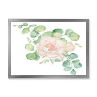 DesignArt 'Букет од розови рози цвеќиња и традиционално врамено уметничко печатење на лисјата на еукалиптус