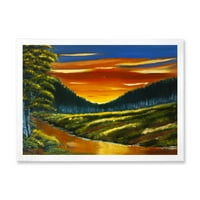 DesignArt „Топло обоен зајдисонце сјај над мочуриштето на лотос“ Традиционално врамено уметничко печатење