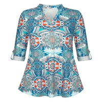 Chamaенски женски ролни ракави Туника врвови Paisley Флорална печатење V вратите Обични кошули со блуза