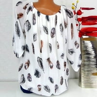 Форестијаши Жени Плус Големина Печатење Со Пердуви Со Половина Ракав Блуза Со Врат Пуловер Блузи Кошула Женски Маици