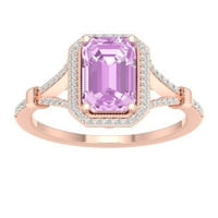 Империјал скапоцен камен 10K розово злато смарагд исечено розово аметист КТ два дијамантски ореол, поделен женски прстен