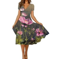 Женски Фустани Со Кратки Ракави Со Средна Должина Секојдневен А-Линија Печатени V-Вратот Летен Фустан Греј 4XL
