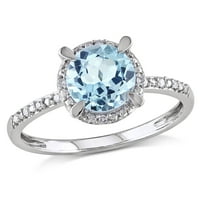 Miaенски Carat Carat T.G.W. Тркалезно небо-сина топаз и дијамант акцент 10kt бело злато ореол невестински прстен