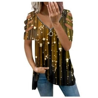 Плус Големина Блузи За Жени V-Вратот Хемија Пуловер Печатени Краток Ракав Злато 2xl