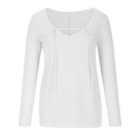 Обични Блузи За Жени Мода Женски Удобни Обични V-Вратот Еднобојни Долги Ракави Навој Врвот Блуза Белата Е