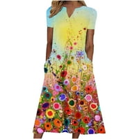 Летни Фустани За Жени Кратки Ракави Цветни V Вратот Макси Фустан Обична Мода Плажа Сонце Фустани Со Џебови