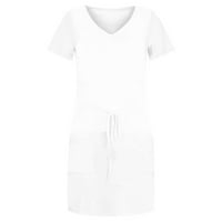 Фустани За Жени Солидна Мини А-Линија Краток Ракав Повик Лето V-Вратот Фустан Бела XL